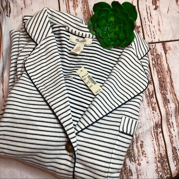 NWT Madewell Striped Knit Button Down Top Size Medium Blue White Short Sleeve - Picture 1 of 6